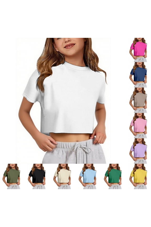 Girls Crop Top Short Casual Solid Color Fashion Round Neck Summer Tops,13-14Years