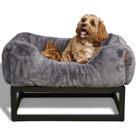 FUZI Elevated Dog Bed, Luxury Raised Dog Beds, Removable and Machine Washable Cover, Indoor/Outdoor Orthopedic Pet Bed, Dark Grey & Black Base Small 25.1x16.75x18