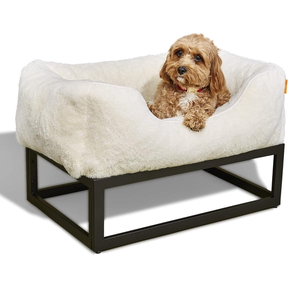 FUZI Elevated Dog Bed Small, Luxury Raised Dog Beds, Removable and Machine Washable Bed Cover, Indoor/Outdoor Orthopedic Pet Bed, Small 25.1x16.75x18 Soft White & Black Base