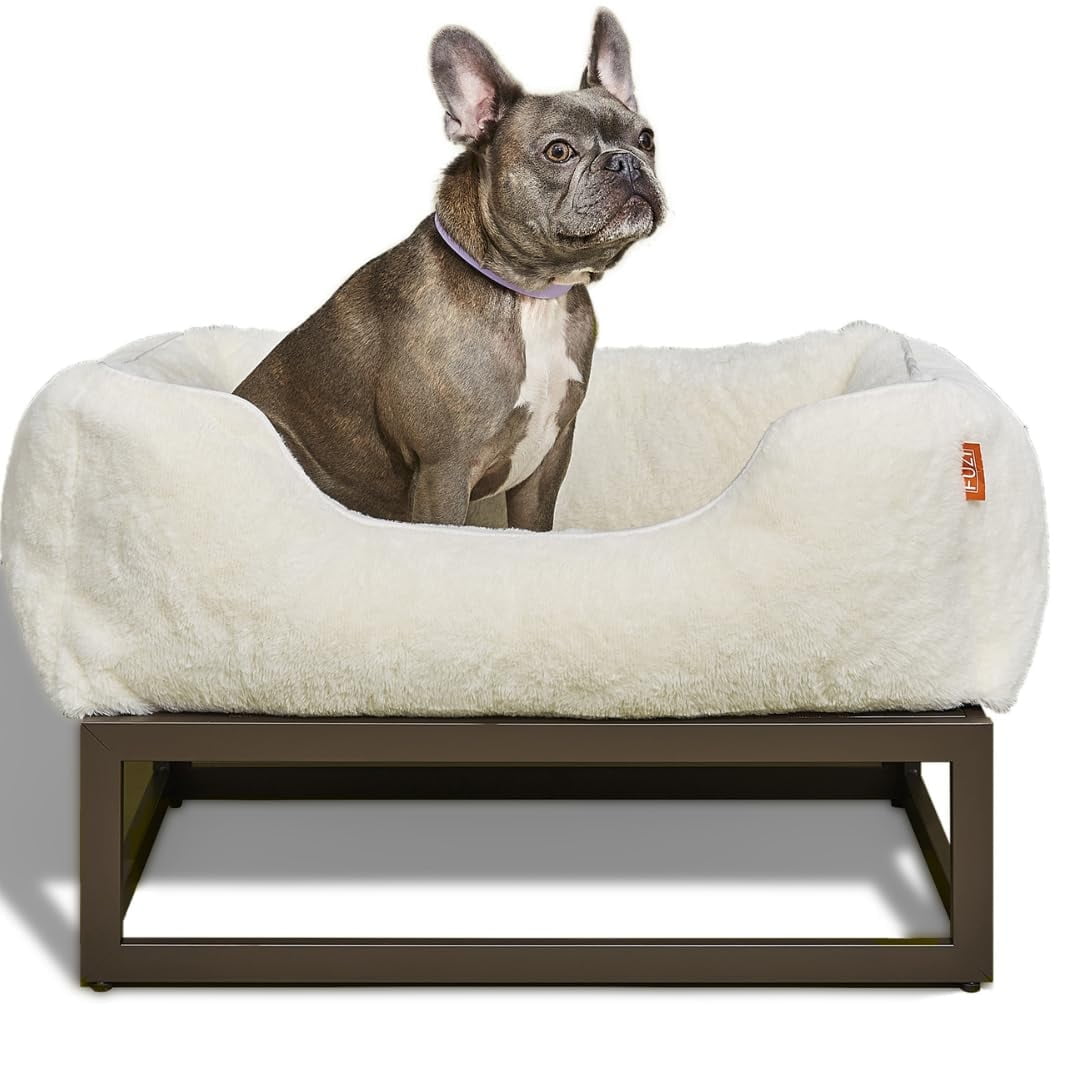 FUZI Small Cream Plush Bolster Dog Bed with Brown Metal Frame