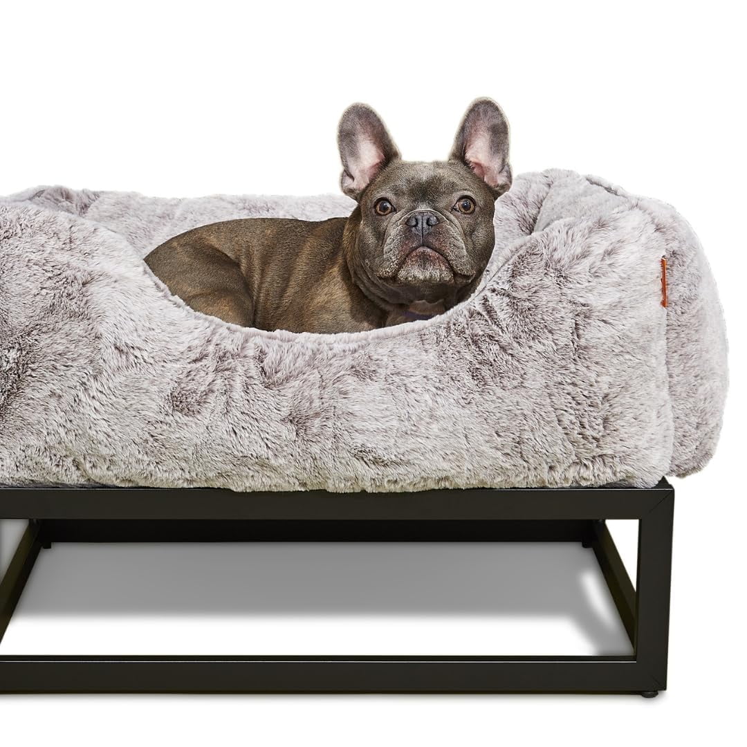 Light Grey Plush Bolster Elevated Dog Bed with Black Metal Frame