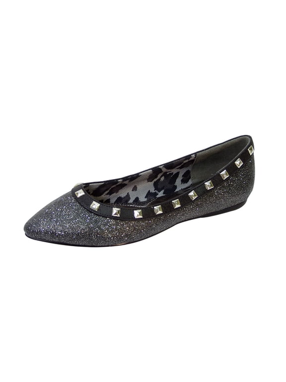 Emily Women Wide Width Pointed Toe Square Studded Top Liner Slip-On Flats BLACK 11
