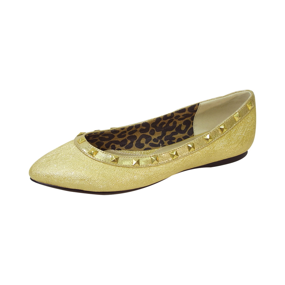FUZZY Emily Women Wide Width Pointed Toe Square Studded Top Liner Slip-On Flats GOLD 8.5