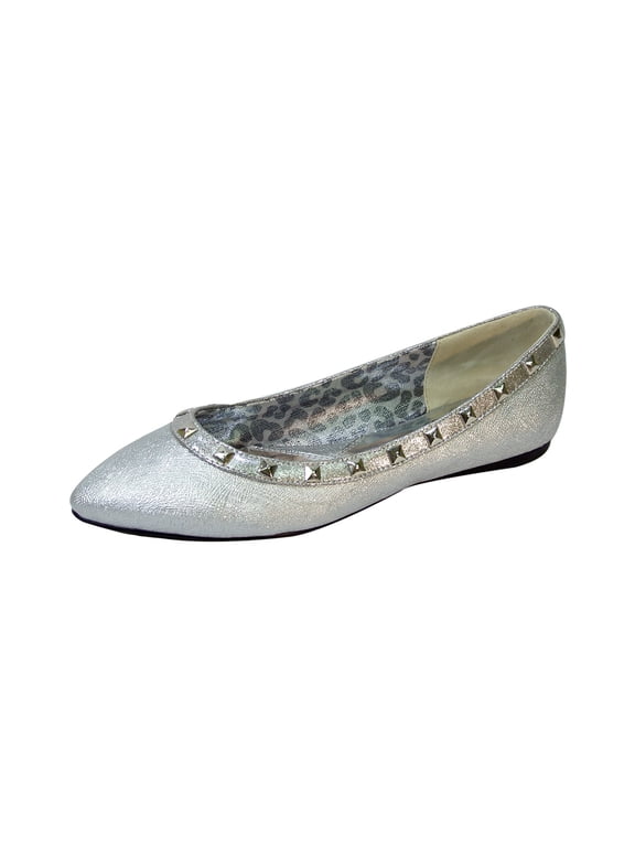 Emily Women Wide Width Pointed Toe Square Studded Top Liner Slip-On Flats SILVER 11