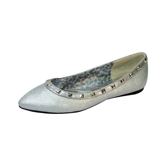 FUZZY Emily Women Wide Width Pointed Toe Square Studded Top Liner Slip-On Flats SILVER 9.5