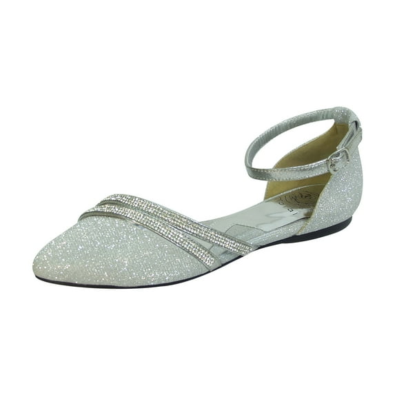 FUZZY Hallie Women Wide Width Open Shank Pointed Toe Buckle Ankle Strap Flats SILVER 10