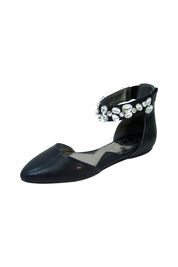 Jill Women Wide Width Open Shank Decorative Crystal Elastic Ankle Strap Flats BLACK 7.5
