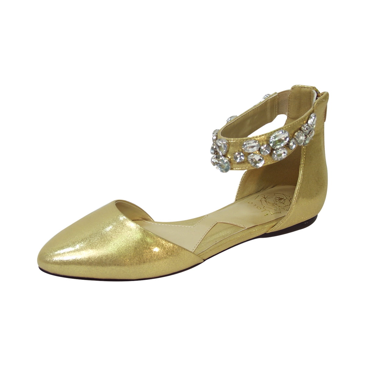 FUZZY Jill Women Wide Width Open Shank Decorative Crystal Elastic Ankle Strap Flats GOLD 9