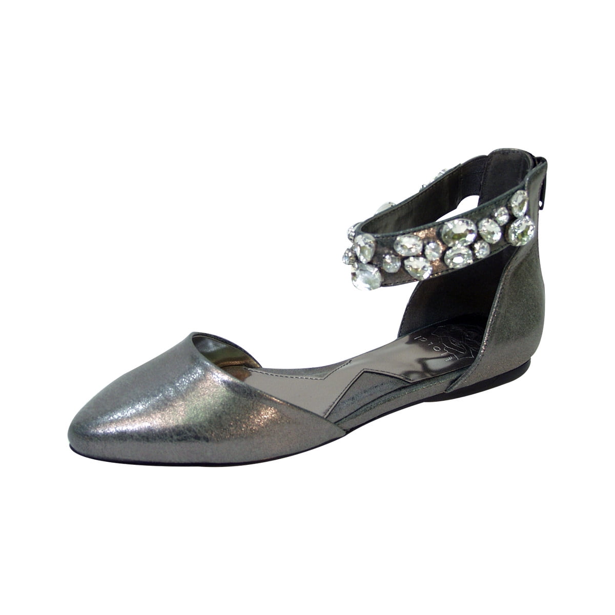 FUZZY Jill Women Wide Width Open Shank Decorative Crystal Elastic Ankle Strap Flats PEWTER 7