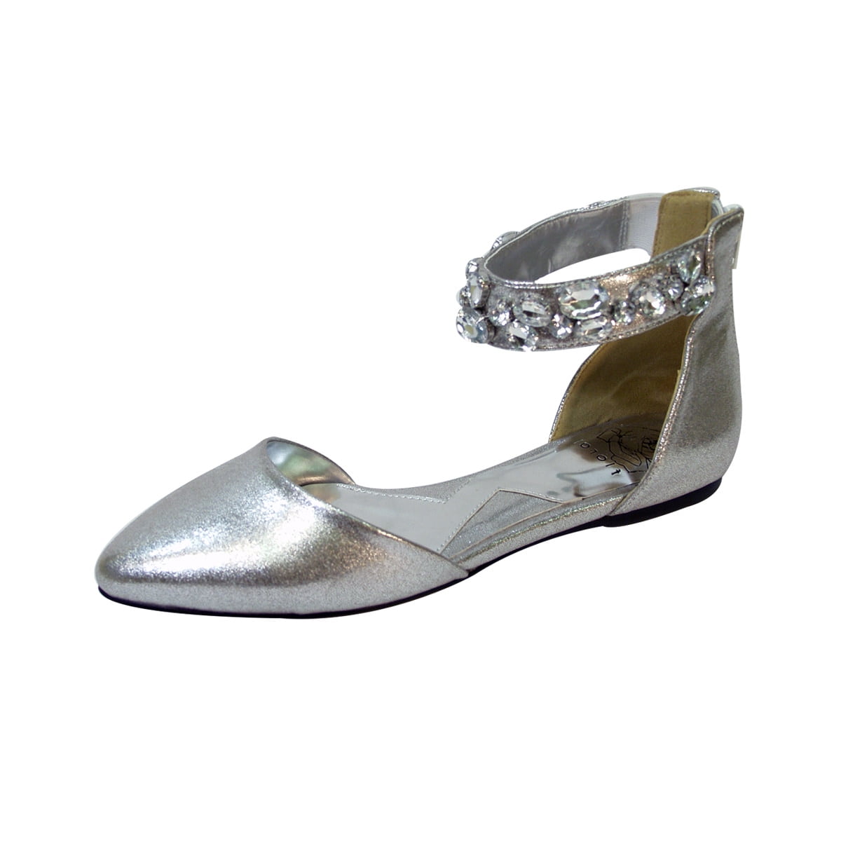 FUZZY Jill Women Wide Width Open Shank Decorative Crystal Elastic Ankle Strap Flats SILVER 5