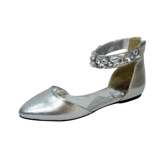 FUZZY Jill Women Wide Width Open Shank Decorative Crystal Elastic Ankle Strap Flats SILVER 5