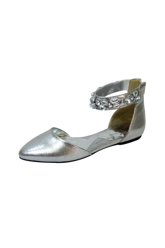 Jill Women Wide Width Open Shank Decorative Crystal Elastic Ankle Strap Flats SILVER 8.5