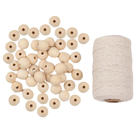 FVDPWYE 100pcs Wooden Round Loose Beads w/ 100m Cotton Rope Twine DIY Jewelry Making Set