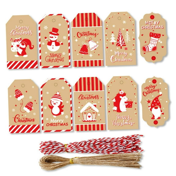 FVDPWYE 100x Christmas Paper Tags Patterned Xmas Tree Hanging with Ropes Wrapping Labels