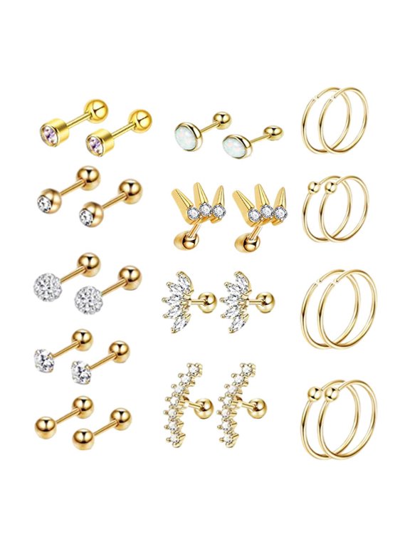 13 Pairs 16G Stud Earrings 6mm Stackable Barbell for Women Men Girlfriend Aunt Gold tone