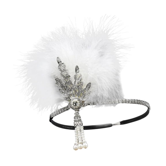 FVDPWYE 1920's Hairband, Feather Rhinestone Beaded Headband Flappers, Feather Headband, White