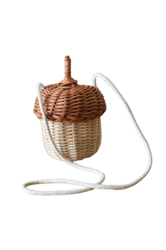 1pc Handwoven Round Rattan Handbag Shoulder Straw Casual Bucket Bag Beach Picnic