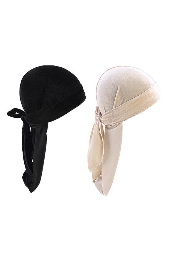 2 Pieces Mens Elegant Velvet Bandana Hat Durag Long-Tail Headwrap Pirate Cap