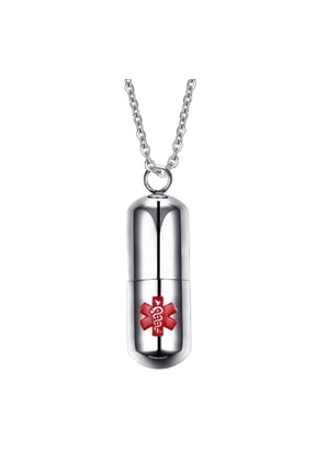 22 Inch Pill Shape Container Alert ID Pendant Necklace Chain Stainless Steel