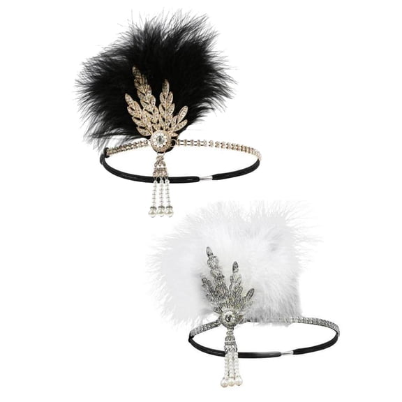 FVDPWYE 2Pcs Womens 20s Feather Headband Elastic Rhinestone Hairband Beaded Headwear