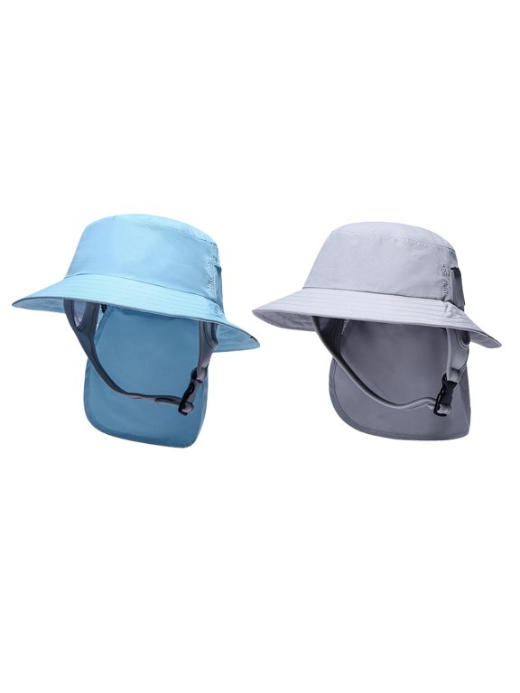 2Pieces Lightweight Surf Bucket Hat with Chin Straps Neck Flap Cover Wide Brim Blue and Gray