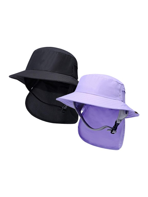 2Pieces Lightweight Surf Bucket Hat with Chin Straps Neck Flap Cover Wide Brim Violet and Black