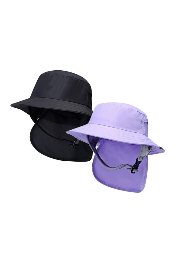 2Pieces Lightweight Surf Bucket Hat with Chin Straps Neck Flap Cover Wide Brim Violet and Black