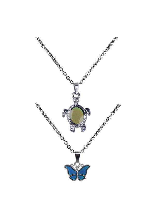 2pcs Animal Shape Design Butterfly Turtle Themed Color Change Mood Necklace with