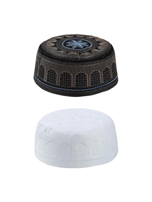 2pcs Muslim Mens Prayer Hat Beanie Embroidered Caps Islamic Topi Black&White