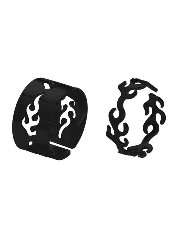 2x Adjustable Open Ring Korean Electroplating Process Flame Comfortable Set for Gift Delicate Women Party matt black