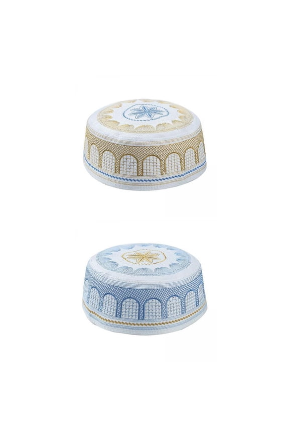 2x Flat Top Islamic Muslim Mens Prayer Kufi Hat Turkish Embroidery Topi Gift