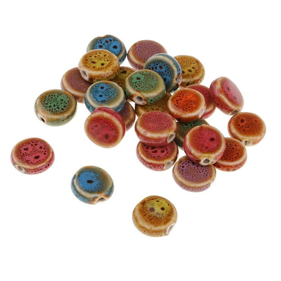 FVDPWYE 30Pc Flower Glaze Flat Round Porcelain Ceramic Beads 14mm for Jewelry Making