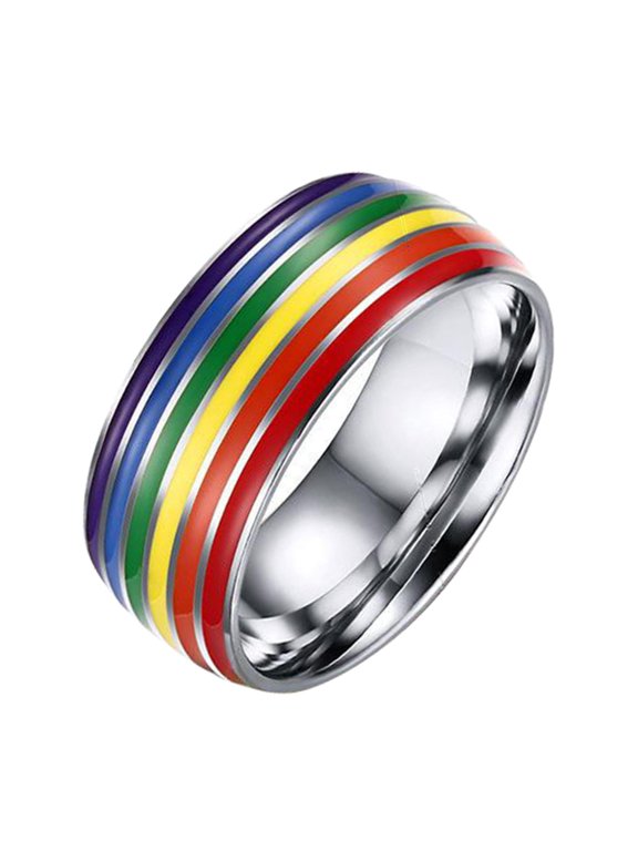 316L Titanium 8mm Stainless Steel Enamel Rainbow LGBT Pride Ring for Lesbian Gay US 7 Size 17.4mm