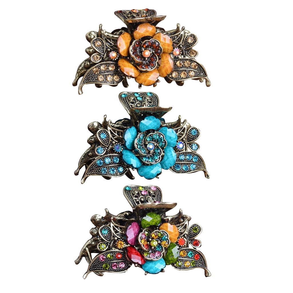 FVDPWYE 3Pcs Retro Rhinestones Turquoise Hair Claw Clip Ladies Non-Slip Hair Clamp