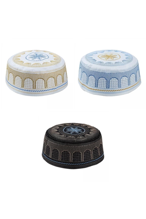 3x Islamic Muslim Mens Prayer Kufi Hat Turkish Beanie Embroidery Topi Gift