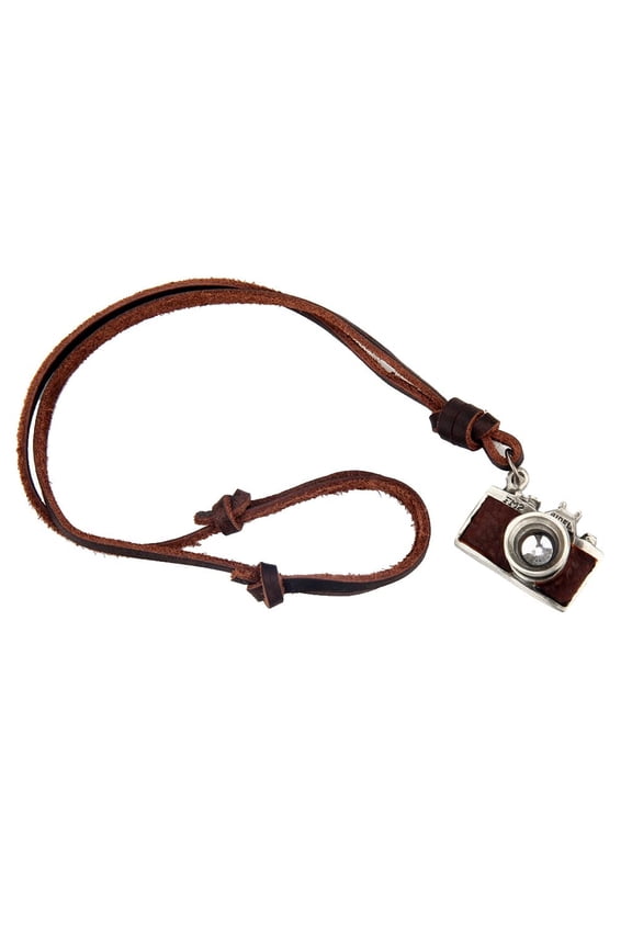 BLACK FM2 VINTAGE CAMERA Necklace With LONG Leather CHAIN Metal 3D Pendant Brown