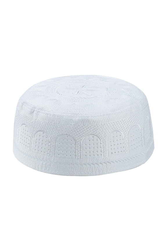 Breathable Islamic Muslim Mens Prayer Kufi Hat Beanie Embroidered Topi White
