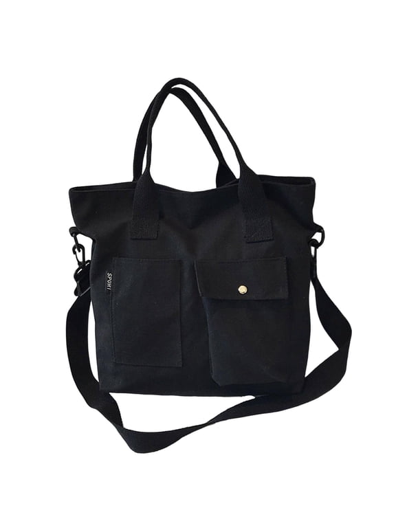 Canvas Tote Bag Snap Fastener Closure Handbag for Office Leisure School Black