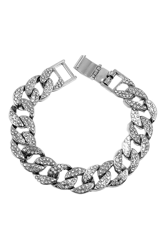 Cuban Chain Luxury Bling Long Heavy Paved Rhinestones for Party Men Silver 7.87inch