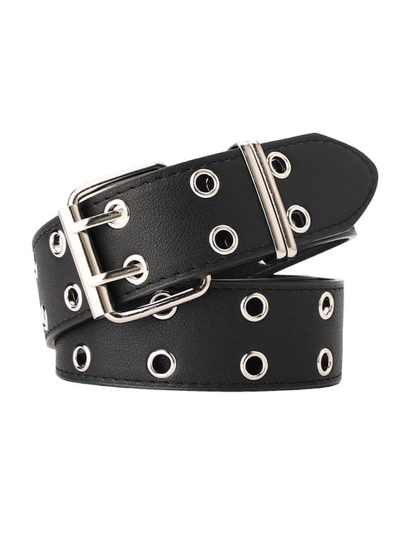 Double Grommet Belt Gothic PU Leather Punk Double Prong Buckle for Men Women Black B