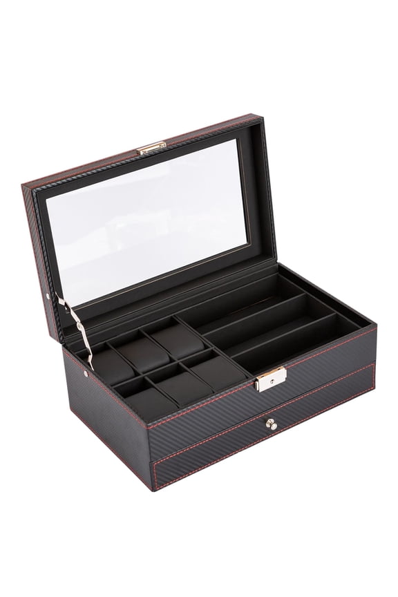 Double Layer Jewelry Display Case with Jewelry Drawer PU Leather 12 Slots Watch