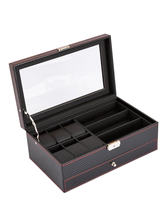 Double Layer Jewelry Display Case with Jewelry Drawer PU Leather 12 Slots Watch