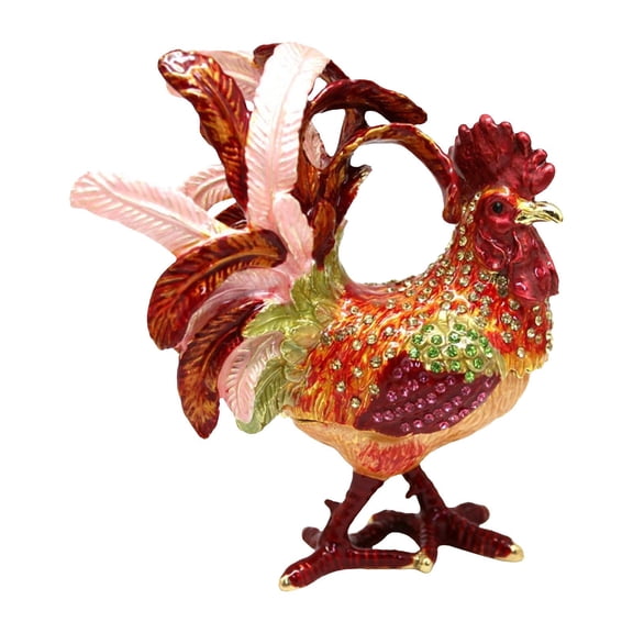 FVDPWYE Enamel Rooster Trinket Box Enameled Jewelry Box Hinged Decorative Jewelry Holder Red Tail