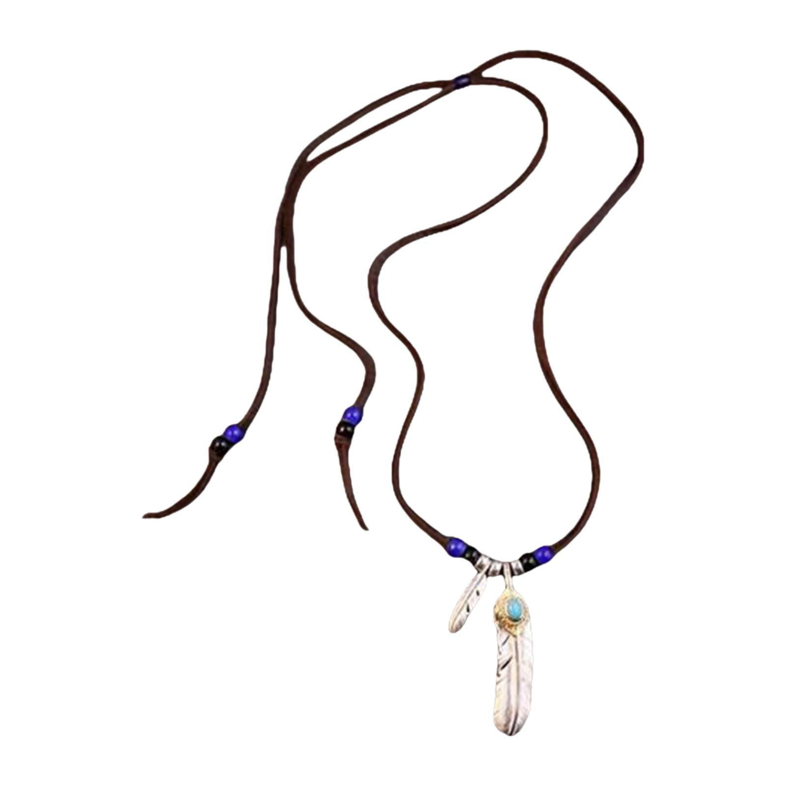 FVDPWYE Feather Pendant Necklace Adjustable PU Leather Cord Jewelry Tribal Feather Charm with blue stone