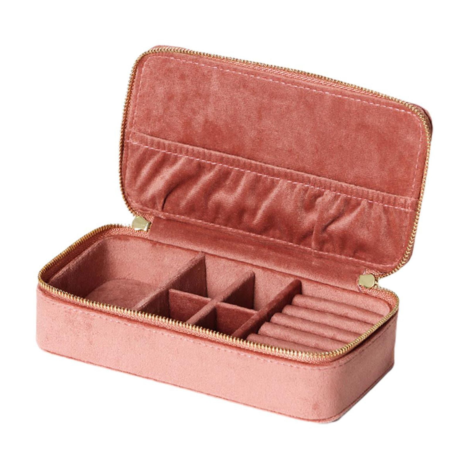 FVDPWYE Jewelry Box Organizer Dual Zippers Removable Partition Traveling Portable Velvet Pink