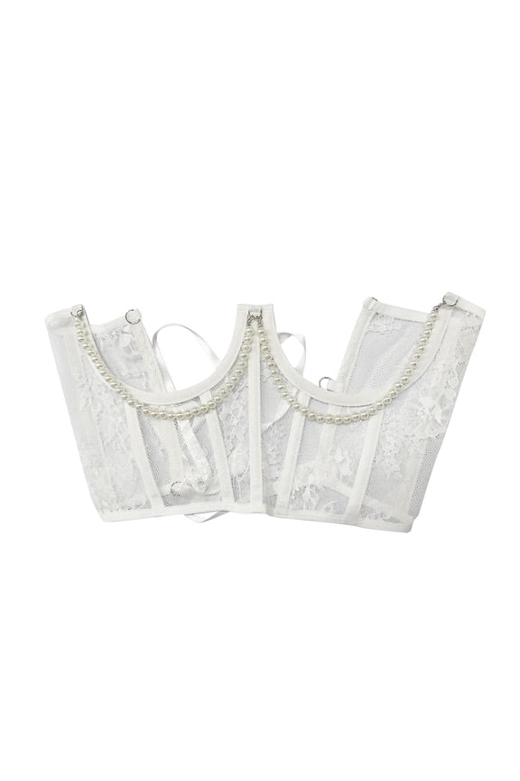 Lace Corset Belt Adjustable Tie Back Bustier with Beads Chain Fashion Wide Waist White