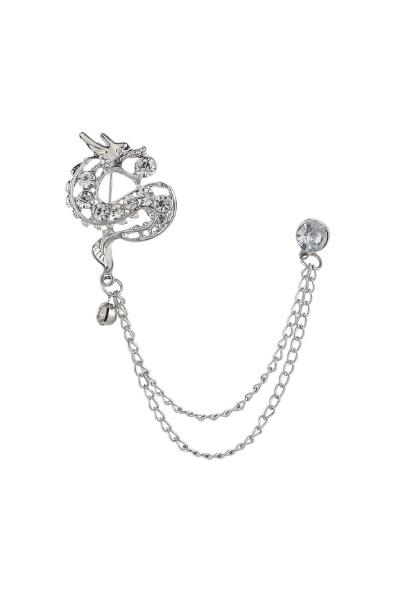 Men's Crystal Rhinestone Dragon Lapel Pin Suit Cosage Tassel Chain Broch Dragon Silver