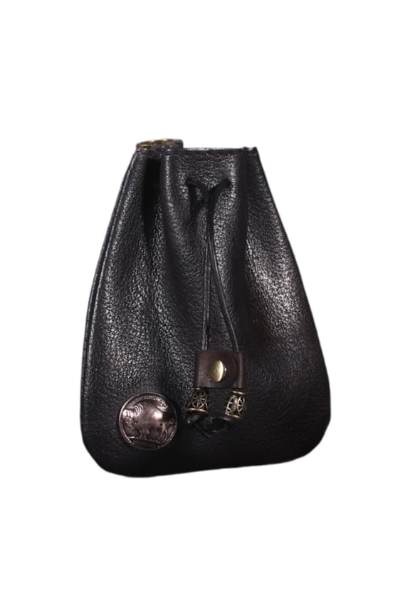 Mini Drawstring Bag Multifunctional PU Leather for Men Women Retro Style Costume Black