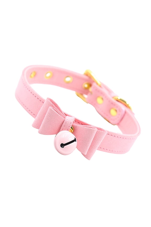 PU Leather Bow Collar Necklace Choker with Bell Cosplay Kitty Necklace Pink