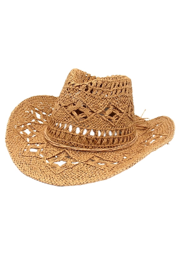 Straw Cowboy Hat Handmade Weave Straw Hats Wide Brim Sun Hat for Holiday Khaki